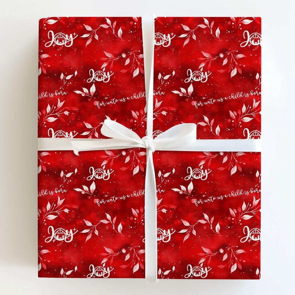 Christian Christmas Gift Wrap, Nativity Scene Joy Wrapping Paper, Crimson Red Religious Holiday Paper, Joy Gift Wrapping Pape