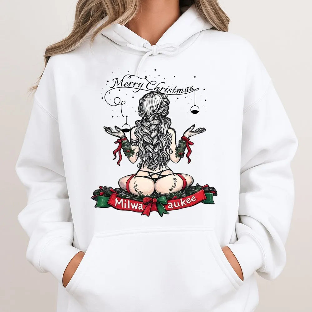 Risque Pin-Up Holiday Graphic Sweatshirt, Milwaukee Christmas Hoodie, Humorous Tool Enthusiast Xmas Pullover, Retro Mechanic 