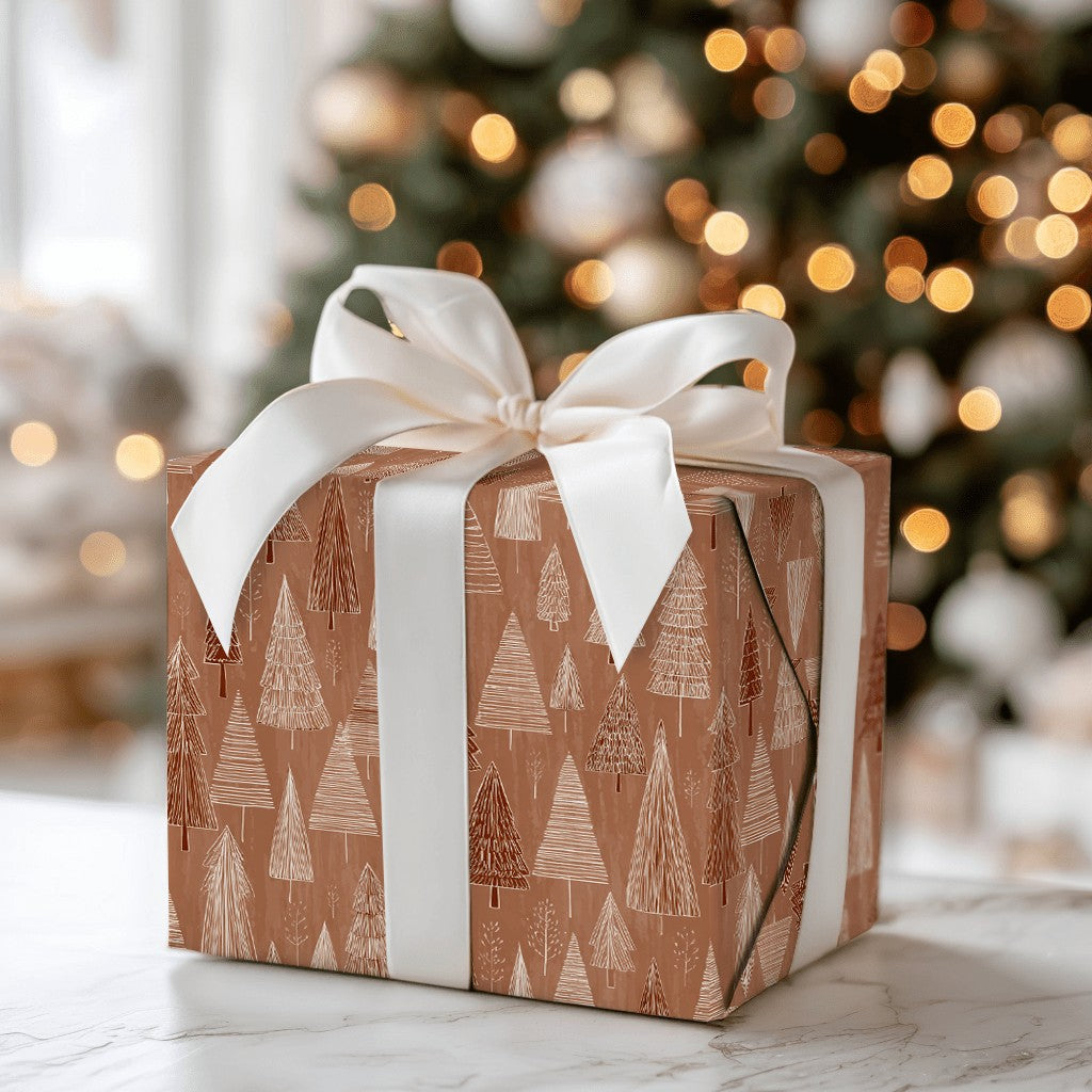 Scandinavian Forest Holiday Gift Wrap, Rustic Christmas Tree Wrapping Paper, Hand-Drawn Xmas Gift Wrap Roll, Seasonal Present