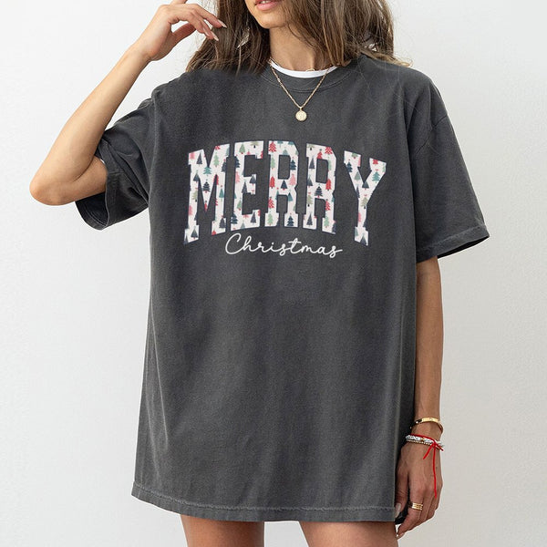 Varsity Holiday Tree Pattern Shirt, Merry Christmas T-Shirt, Festive Christmas Graphic T-Shirt, Adorable Xmas Tee, Holiday Se