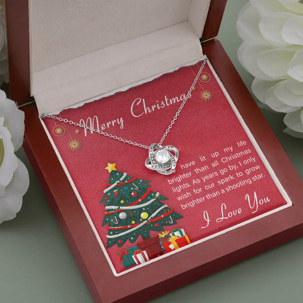 Holiday Message Pendant Necklace, Merry Christmas Love Knot Necklace, Romantic Partner Knot Necklace, 14k White Gold Jewelry,