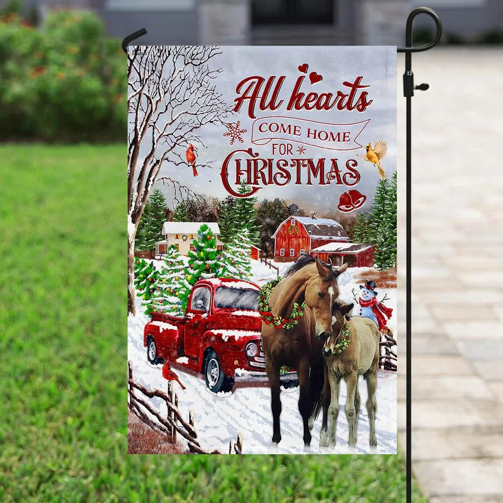 Red Truck Winter Horse Yard Flag, All Hearts Come Home for Christmas Garden Flag, Double-Sided Holiday Farmhouse Lawn Flag, X