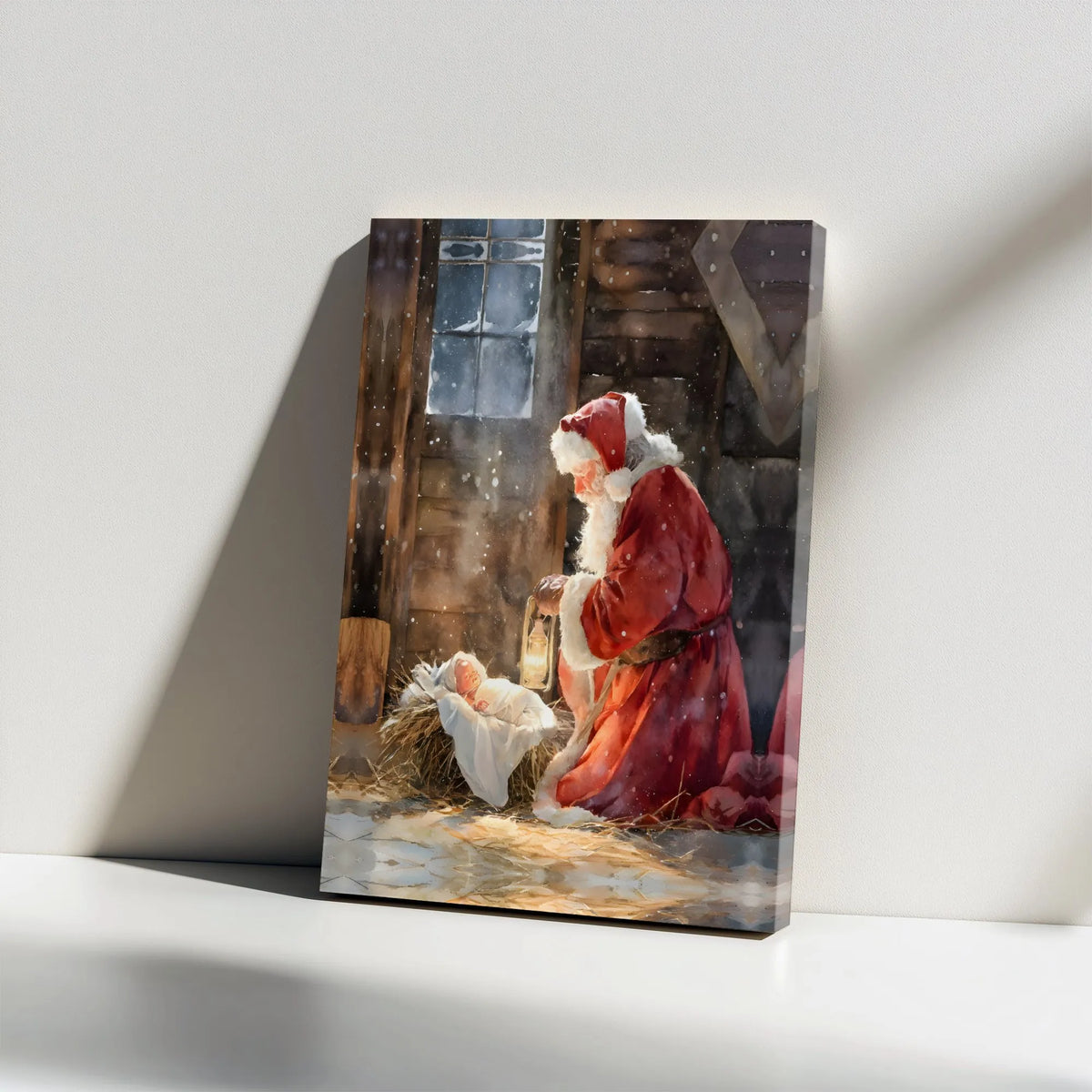 Baby Jesus Manger Scene Canvas, Santa Kneeling at Nativity Canvas Art, Religious Christmas Wall Art, Christian Holiday Canvas