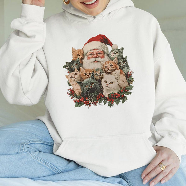Retro Christmas Cat Graphic Sweatshirt, Santa Claus with Kittens Hoodie, Adorable Holiday Kitten Pullover, Festive Winter Hoo