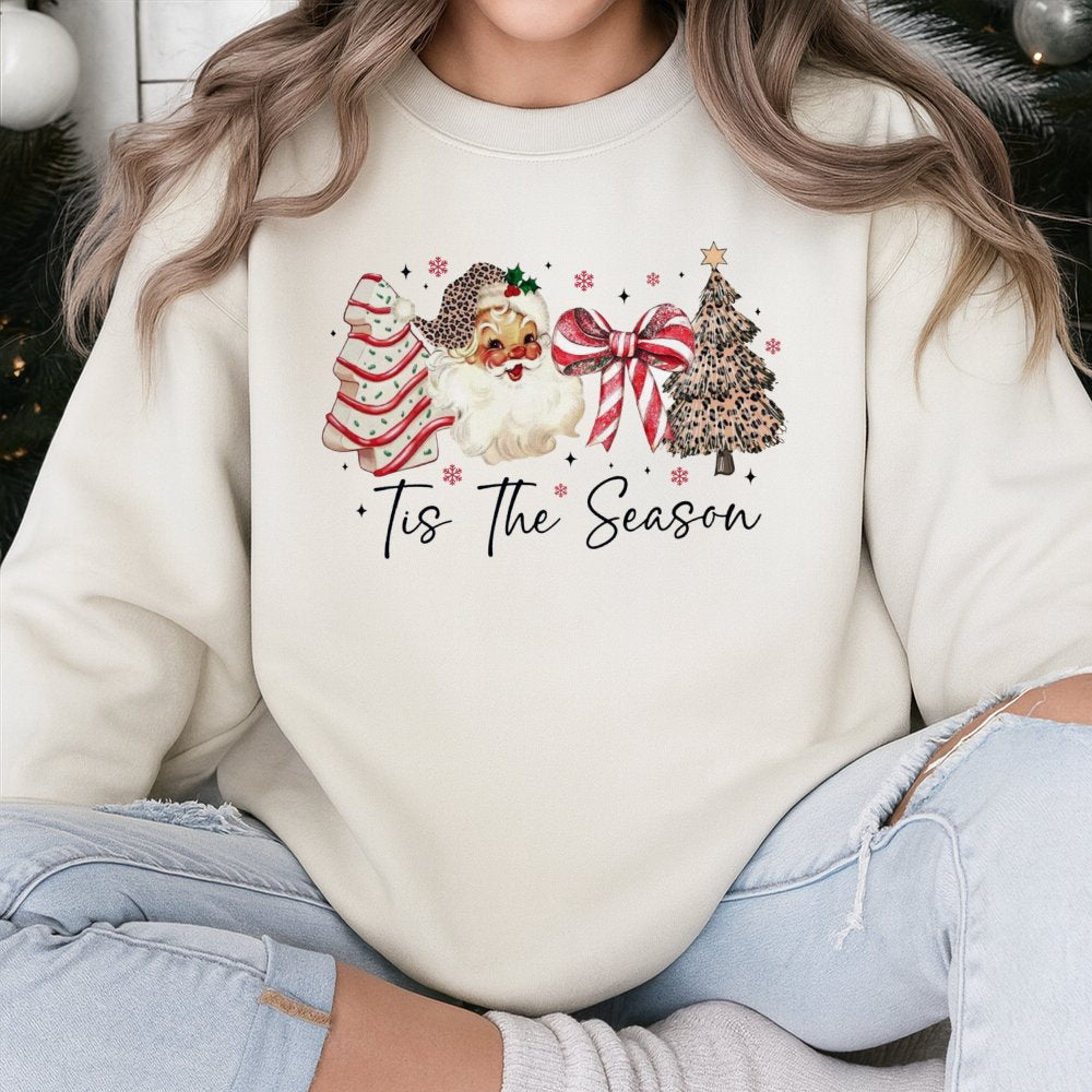 Leopard Print Christmas Tree Crewneck, Tis the Season Retro Santa Sweatshirt, Preppy Western Holiday Sweater, Adorable Xmas P