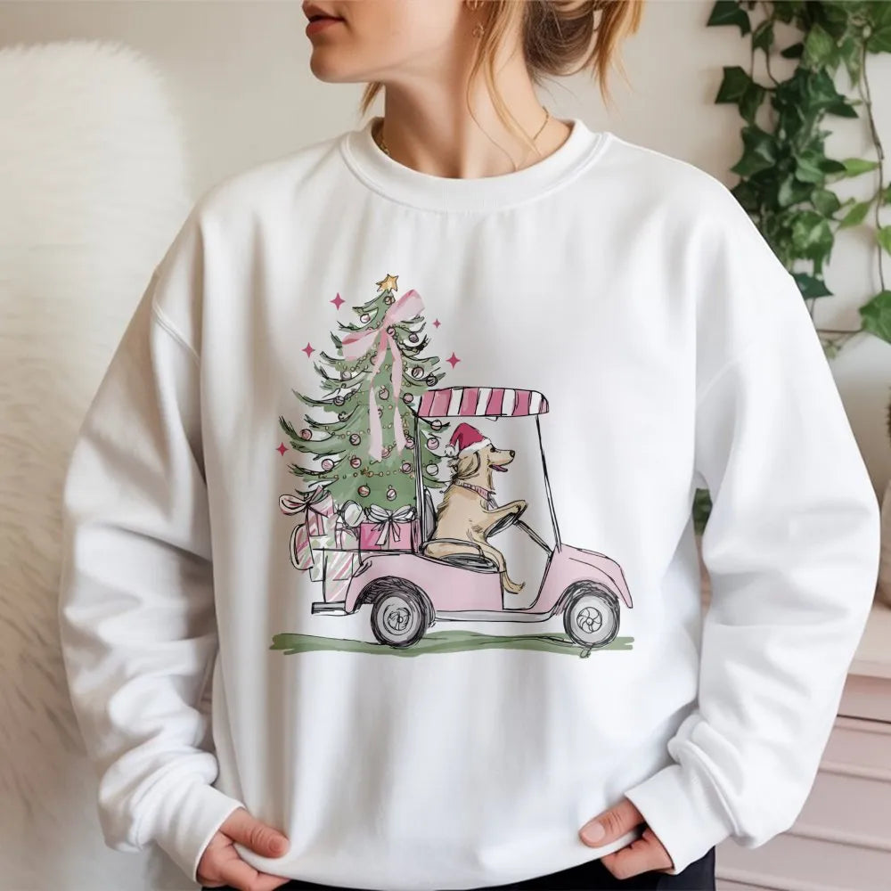 Holiday Dog Lover Sweatshirt, Golden Retriever Golf Cart Christmas Sweatshirt, Adorable Xmas Puppy Sweatshirt, Golfer Crewnec