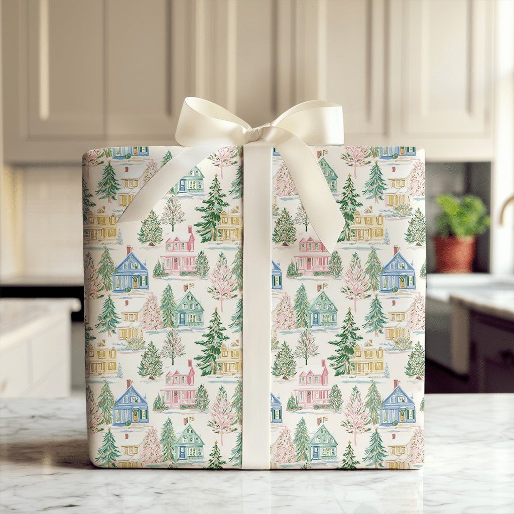 Winter Village Holiday Gift Wrap, Watercolor Christmas Wrapping Paper, Festive Xmas Gift Wrap Paper, Seasonal Present Wrappin