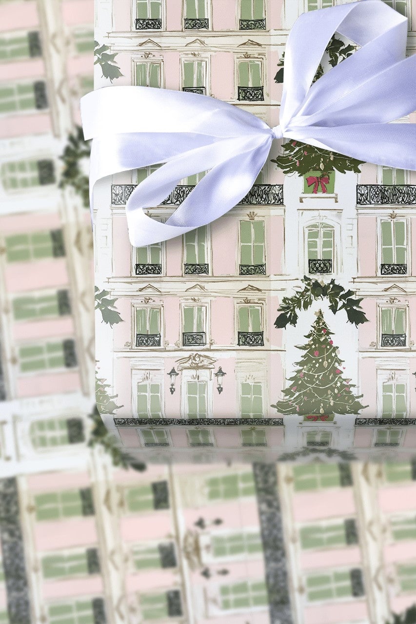 Pink Parisian Building Gift Wrap, Paris Christmas Wrapping Paper, French City House Wrapping Paper, Elegant Holiday Christmas