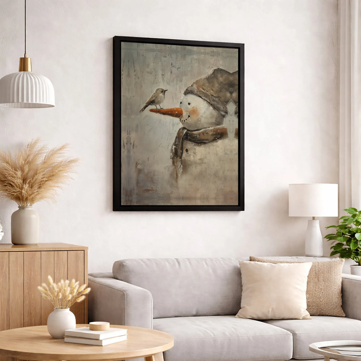 Winter Forest Bird Canvas Print, Rustic Snowman Canvas Wall Art, Whimsical Farmhouse Holiday Canvas Decor, Comfy Seasonal Chr