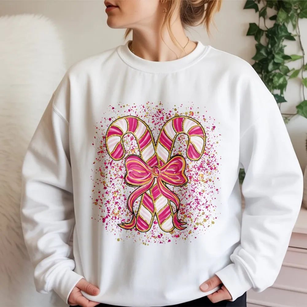 Coquette Candy Cane Sweater, Pink Candy Cane Sweatshirt, Pink Holiday Bow Crewneck, Adorable Winter Pullover, Christmas Prese