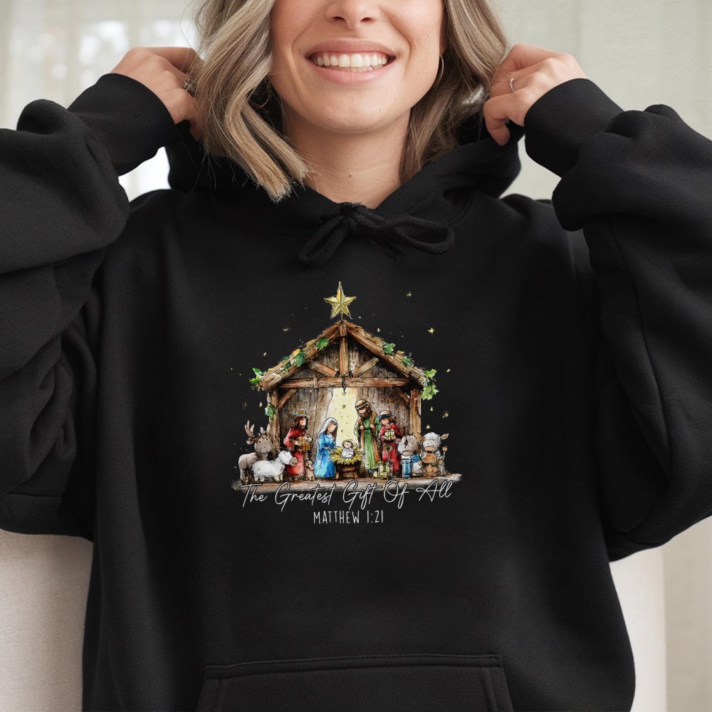 The Greatest Present of All Sweatshirt, Nativity Scene Hoodie, Christian Christmas Pullover Hoodie, Religious Holiday Hooded 