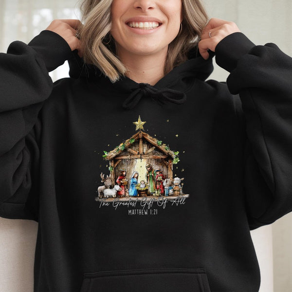 The Greatest Present of All Sweatshirt, Nativity Scene Hoodie, Christian Christmas Pullover Hoodie, Religious Holiday Hooded 