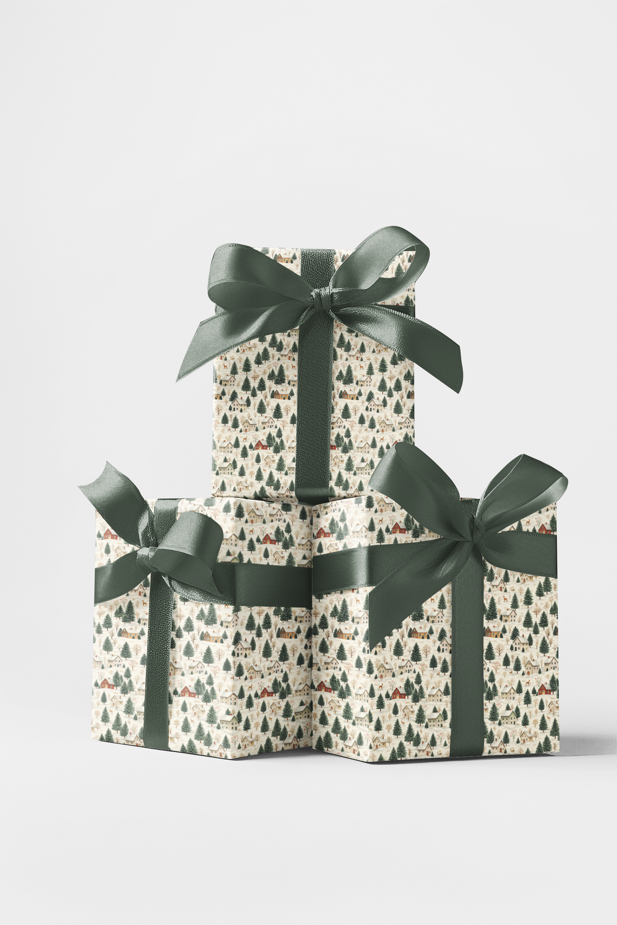 Snowy Pine Christmas Gift Wrap, Winter Village Cottage Wrapping Paper, Comfy Holiday Deer Wrapping Paper, Winter Cabin Presen