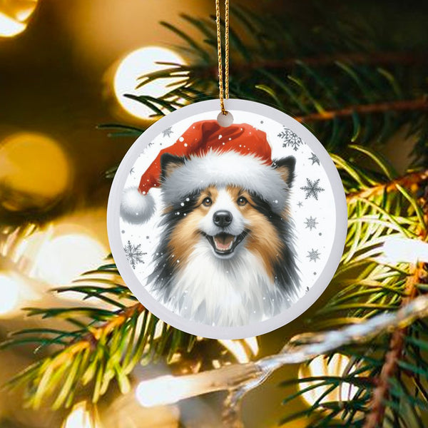 Adorable Sheltie Dog Ceramic Ornament, Shetland Sheepdog Christmas Ornament, Santa Hat Pet Tree Ornament, Holiday Keepsake, P