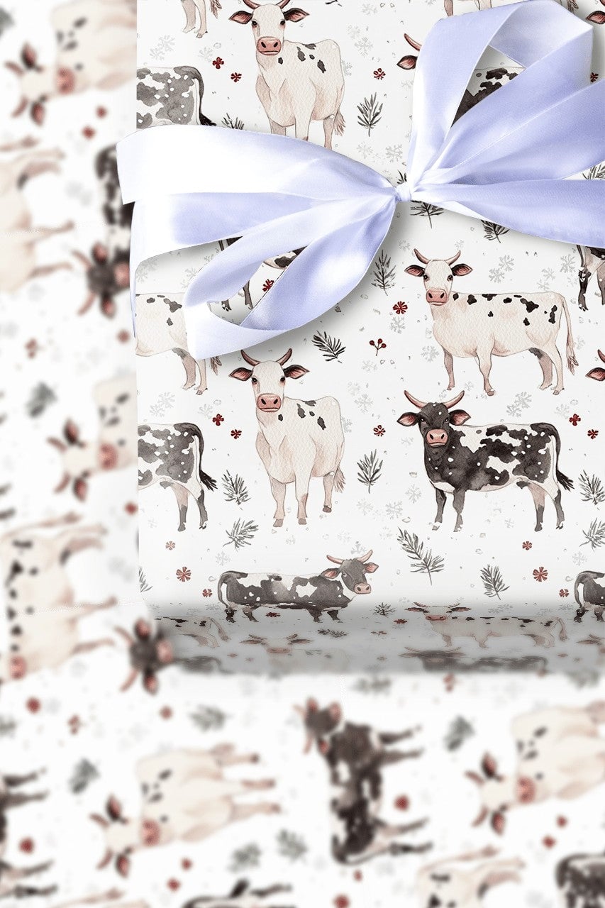 Black and White Cow Gift Wrap, Farmhouse Cow Christmas Wrapping Paper, Winter Holly Wrapping Paper, Rustic Farm Animal Holida