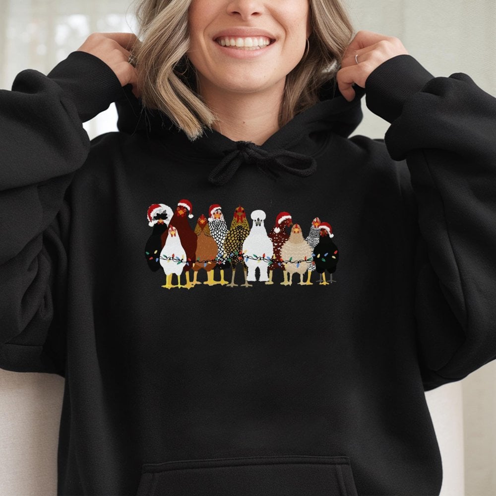 Humorous Farm Animal Holiday Sweatshirt, Christmas Chicken Hoodie, Santa Hat Hen Pullover, Adorable Country Barnyard Hooded S