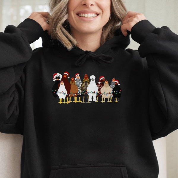 Humorous Farm Animal Holiday Sweatshirt, Christmas Chicken Hoodie, Santa Hat Hen Pullover, Adorable Country Barnyard Hooded S