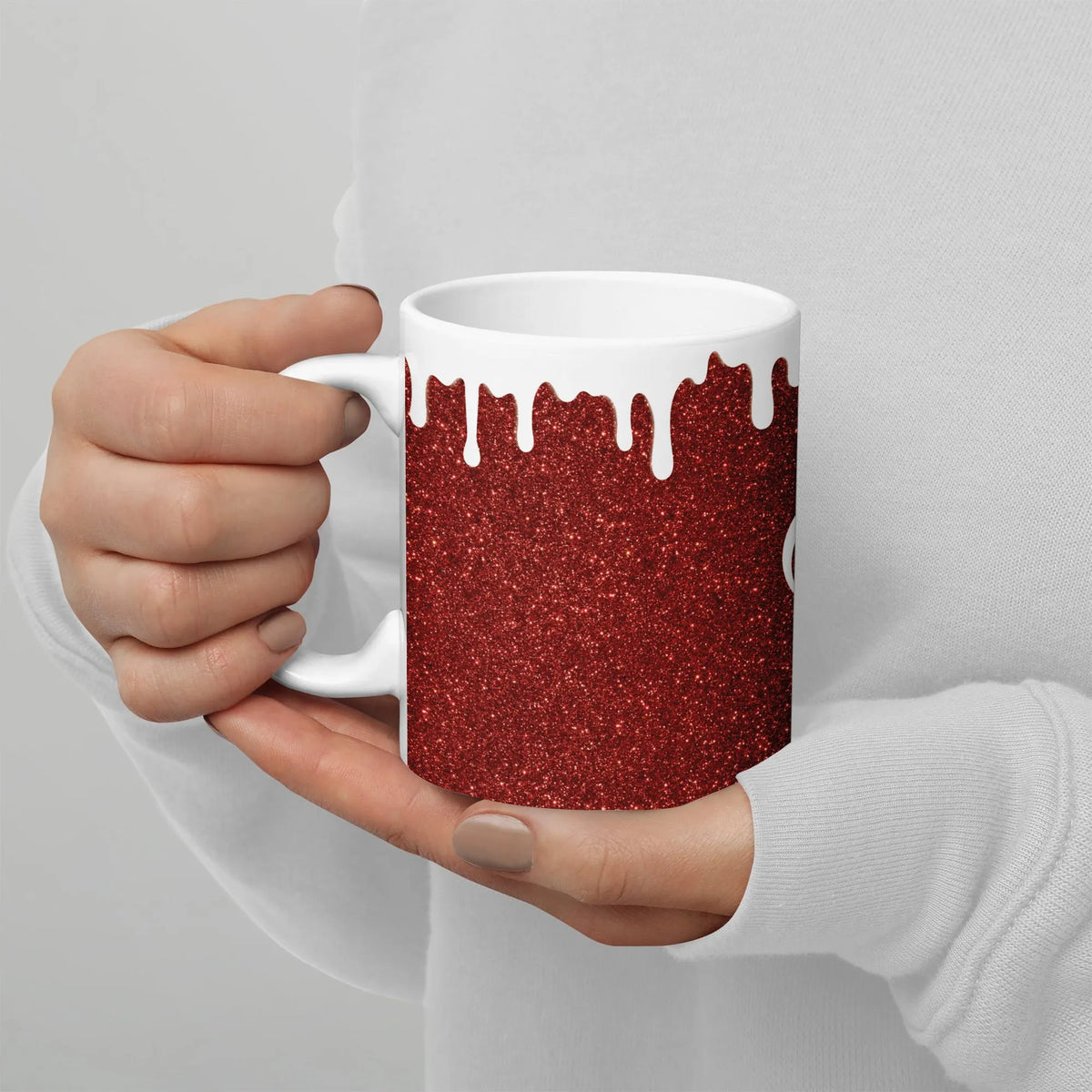 Dripping White Paint Effect Coffee Mug, Red Glitter Print Ceramic Mug, Sparkle Aesthetic Drinkware Mug, Glam Holiday Christma