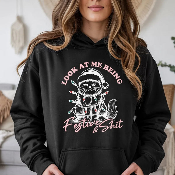 Grumpy Kitten Holiday Hoodie, Humorous Christmas Cat Hoodie, Sarcastic Xmas Animal Sweatshirt, Adorable Cat Lover Pullover Ho
