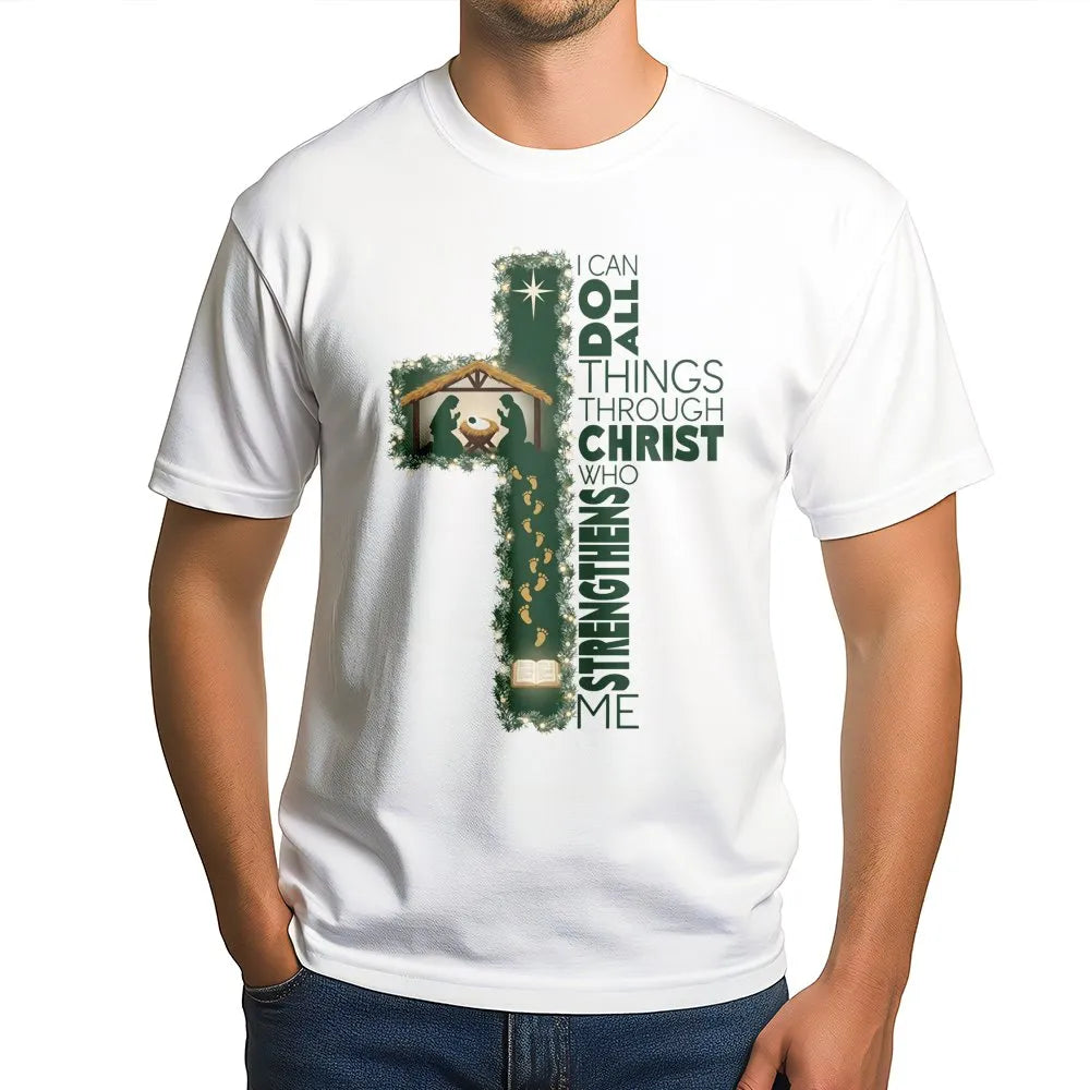 Nativity Cross Christmas Shirt, I Can Do All Things Through Christ T-Shirt, Christian Faith Graphic Tee, Religious Bible Vers