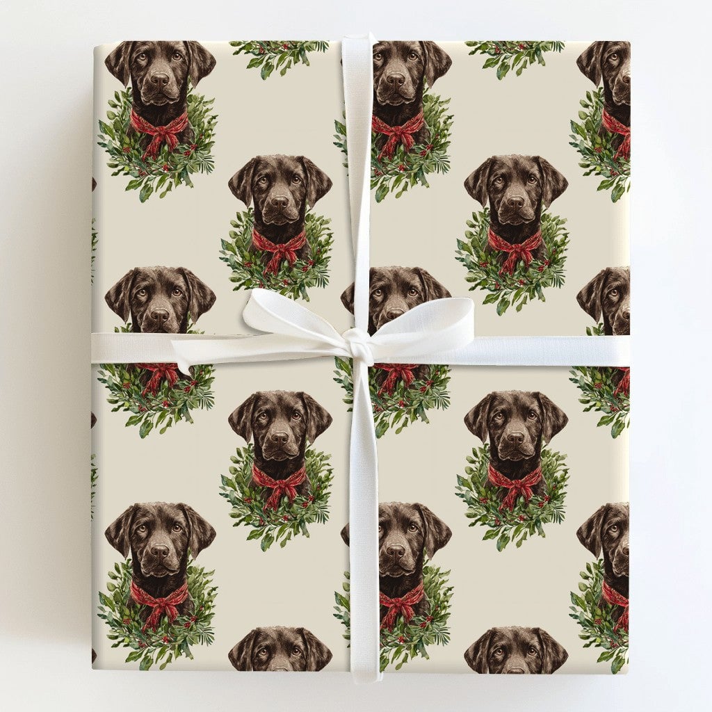 Dog Wreath Holiday Gift Wrap, Chocolate Lab Christmas Wrapping Paper, Labrador Retriever Christmas Wrapping Paper, Pet Lover 