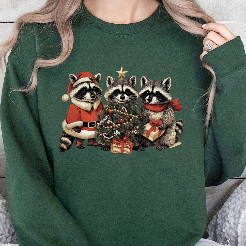 Festive Woodland Animal Holiday Sweater, Adorable Raccoon Christmas Sweatshirt, Comfy Trash Panda Xmas Pullover, Retro Winter