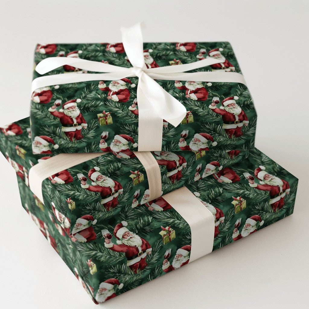 Humorous Wine Lover Gift Wrap, Santa Wine Toast Christmas Wrapping Paper, Holiday Santa Claus Wrapping Paper, Festive Pine Pr