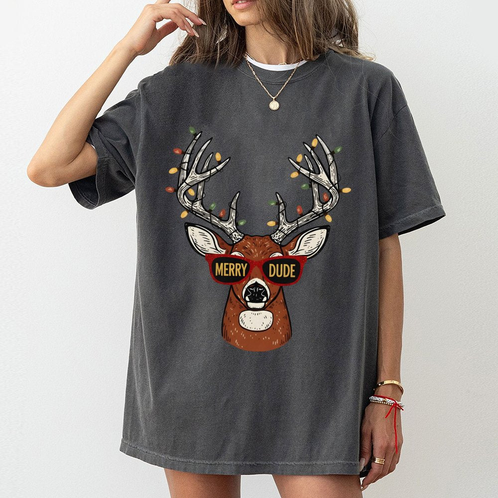 Humorous Reindeer Christmas Graphic Tee, Merry Dude Deer T-Shirt, Holiday Buck Hunter Shirt, Retro Vintage Xmas Hunting Tee