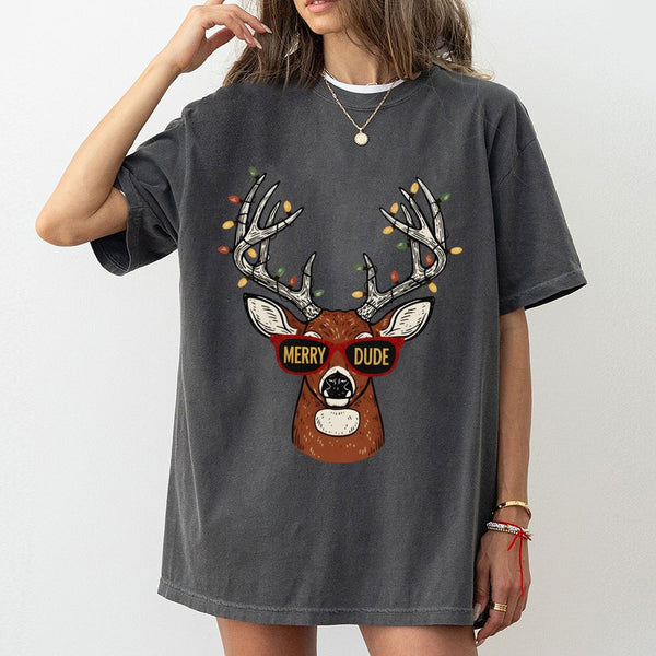 Humorous Reindeer Christmas Graphic Tee, Merry Dude Deer T-Shirt, Holiday Buck Hunter Shirt, Retro Vintage Xmas Hunting Tee