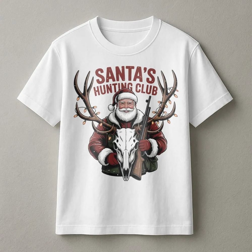 Deer Skull Christmas Graphic Tee, Santa's Hunting Club Shirt, Humorous Hunter Christmas T-Shirt, Hunting Season Shirt, Outdoo