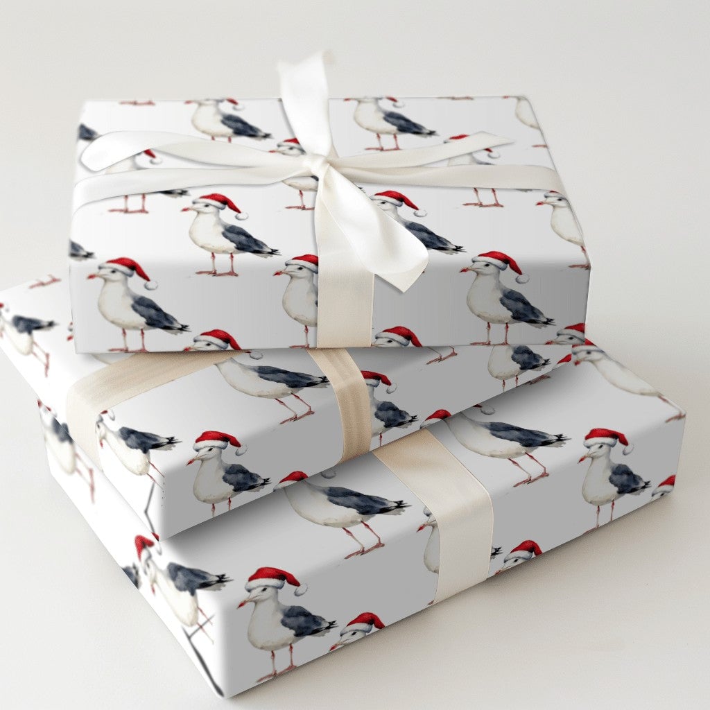 Coastal Christmas Gift Wrap, Santa Hat Seagull Wrapping Paper, Watercolor Beach Bird Present Paper, Nautical Holiday Gift Wra