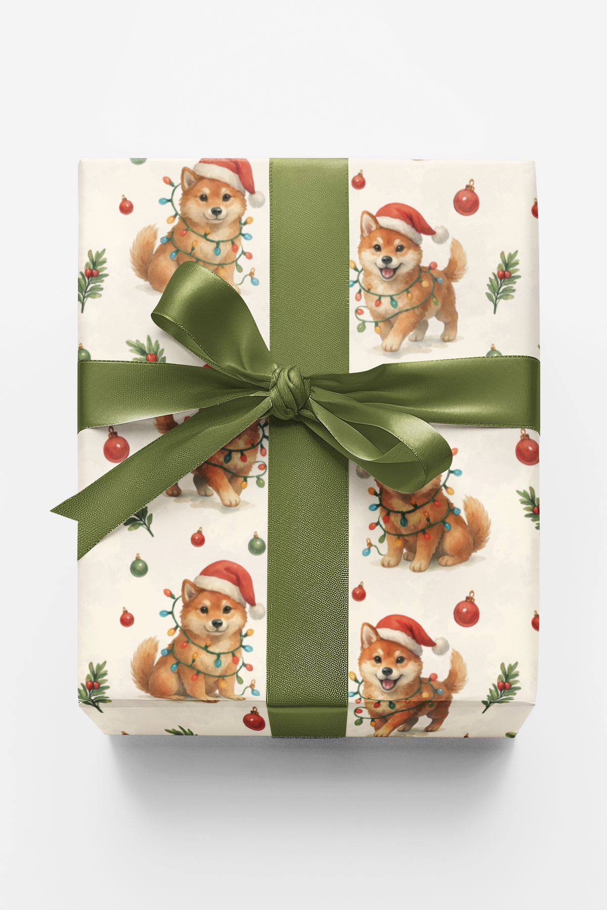 Festive Shiba Gift Wrap, Shiba Inu Christmas Wrapping Paper, Adorable Dog Lights Wrapping Paper Roll, Holiday Puppy Xmas Wrap