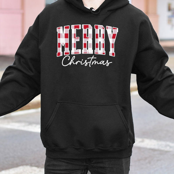 Retro Buffalo Plaid Christmas Sweatshirt, Merry Christmas Hoodie, Comfy Holiday Pullover, Winter Season Plaid Hooded Sweater 