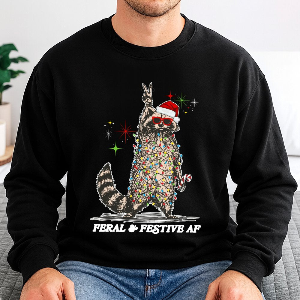 Tangled Lights Holiday Crewneck, Feral and Festive Raccoon Christmas Sweatshirt, Humorous Animal Xmas Pullover, Ugly Christma