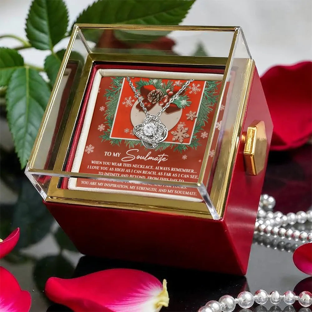 Christmas CZ Crystal Love Knot Pendant, Soulmate Love Knot Necklace, Romantic Wife Knot Necklace, Rotating Rose Box Love Knot