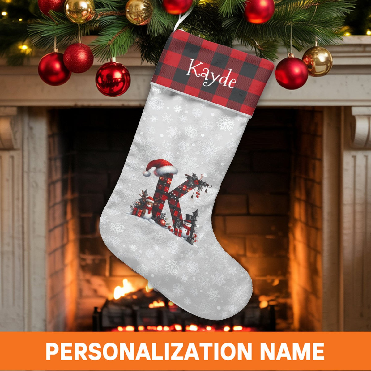 Buffalo Plaid Letter Stocking, Personalized Monogram Christmas Stocking, Custom Initial Holiday Stocking, Rustic Family Xmas 