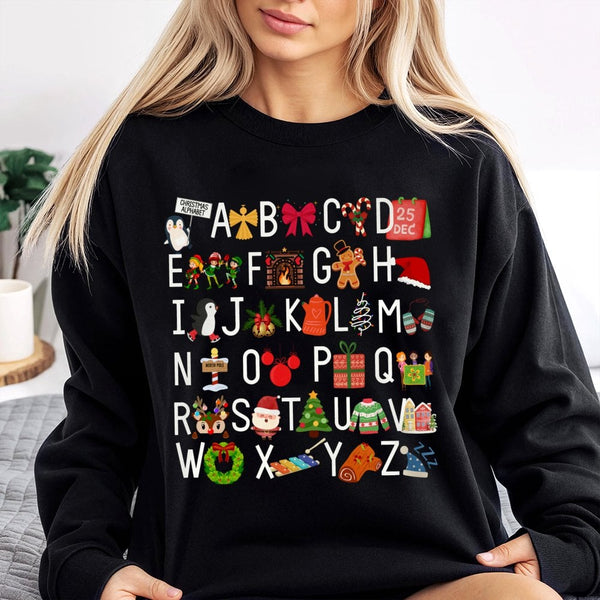 Teacher Holiday Graphic Crewneck, Christmas Alphabet Sweatshirt, Adorable School Xmas Sweater, Educator Holiday Pullover, Tea