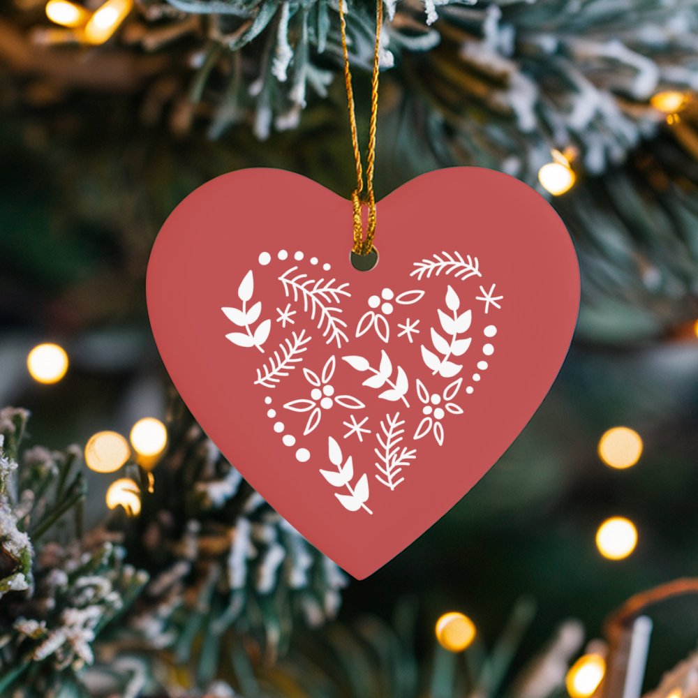 Scandi Red Floral Heart Ornament, Folk Art Botanical Heart Ornament, Ceramic Valentine Christmas Heart Ornament, Romantic Hol