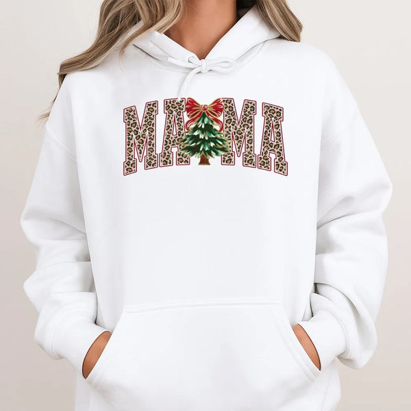 Festive Holiday Mama Sweatshirt, Leopard Mama Christmas Tree Hoodie, Comfy Christmas Tree Pullover, Mother's Day 2026 Mama Sw