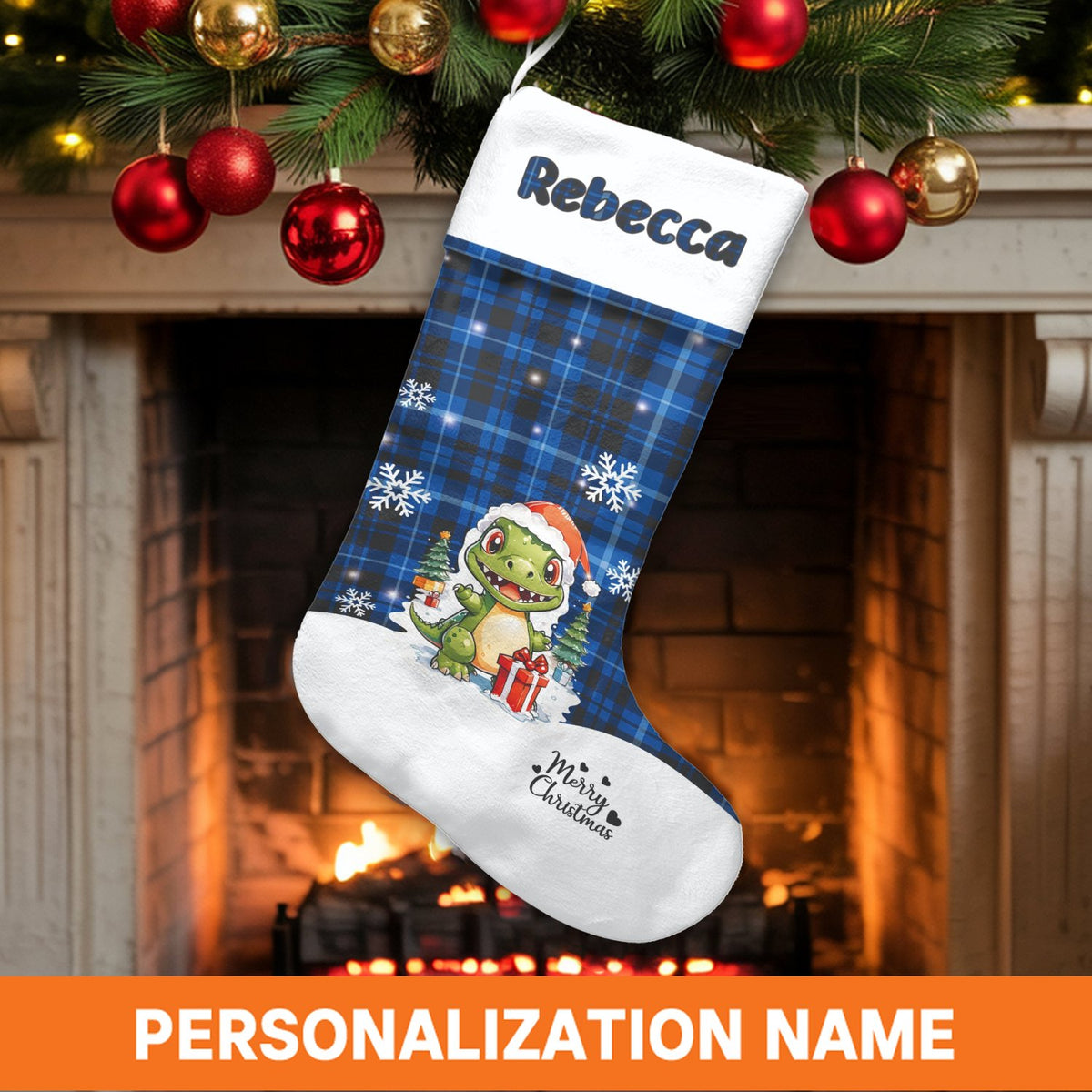 Blue Plaid Dino Holiday Stocking, Personalized Dinosaur Christmas Stocking, Custom Name Kids Stocking, Boy Family Christmas S