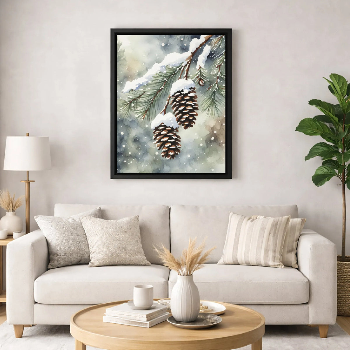Winter Forest Watercolor Canvas, Snowy Pine Cones Canvas Print, Rustic Pine Cone Canvas Art, Christmas Pinecone Print, Holida