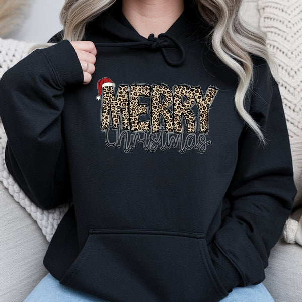 Leopard Santa Hat Holiday Hoodie, Merry Christmas Hoodie, Trendy Leopard Xmas Pullover, Comfy Winter Graphic Sweatshirt Hoodi