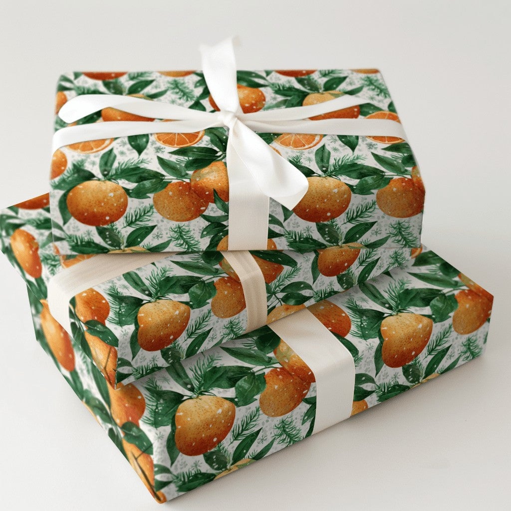 Pine Needle Clementine Gift Wrap, Winter Orange Wrapping Paper, Botanical Citrus Holiday Wrapping Paper, Festive Christmas Wr