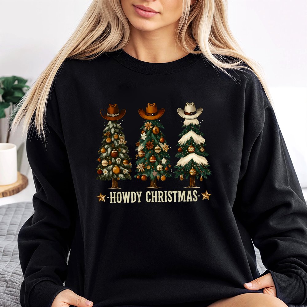 Western Cowboy Hat Tree Crewneck, Howdy Christmas Sweatshirt, Country Holiday Graphic Pullover, Humorous Southern Xmas Sweate