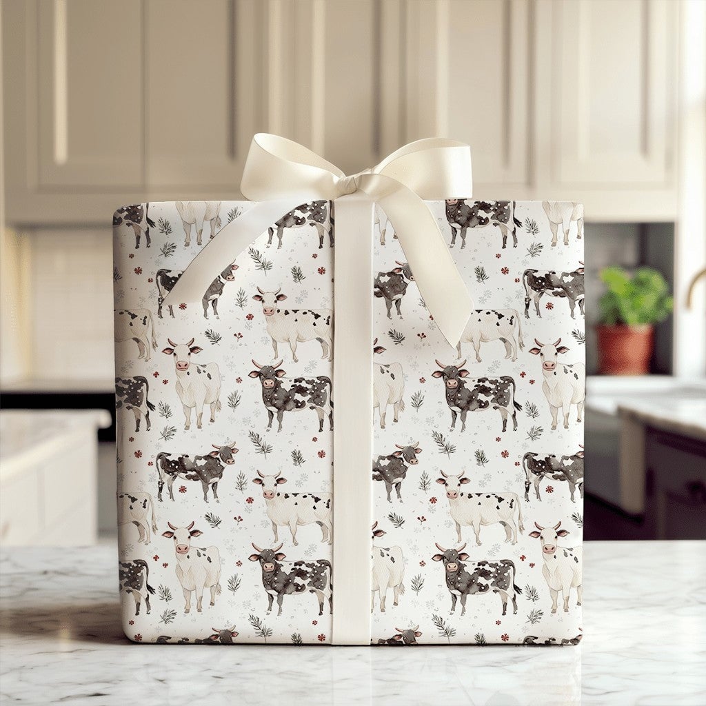 Black and White Cow Gift Wrap, Farmhouse Cow Christmas Wrapping Paper, Winter Holly Wrapping Paper, Rustic Farm Animal Holida
