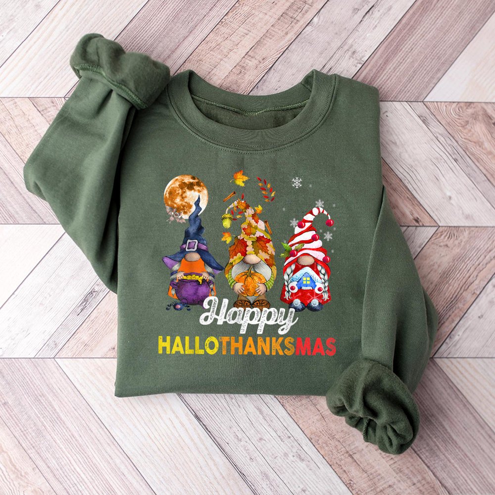Halloween Thanksgiving Christmas Sweater, Hallothanksmas Gnome Sweatshirt, Adorable Trio Holiday Gnome Crewneck, Comfy Fall W