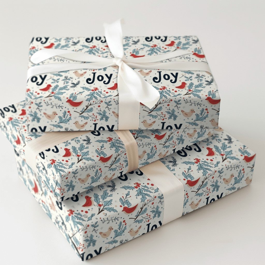 Festive Holly Berry Gift Wrap, Winter Bird Joy Christmas Wrapping Paper, Botanical Xmas Wrapping Paper