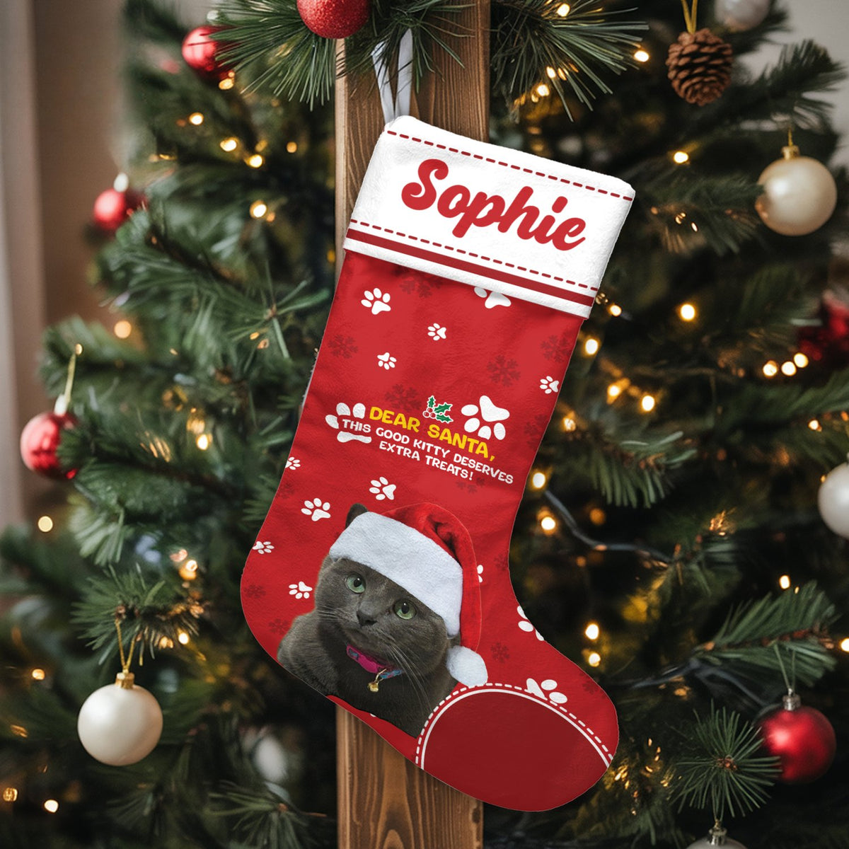 Custom Photo Cat Holiday Stocking, Personalized Cat Christmas Stocking, Pet Lover Christmas Stocking, Adorable Kitten Firepla