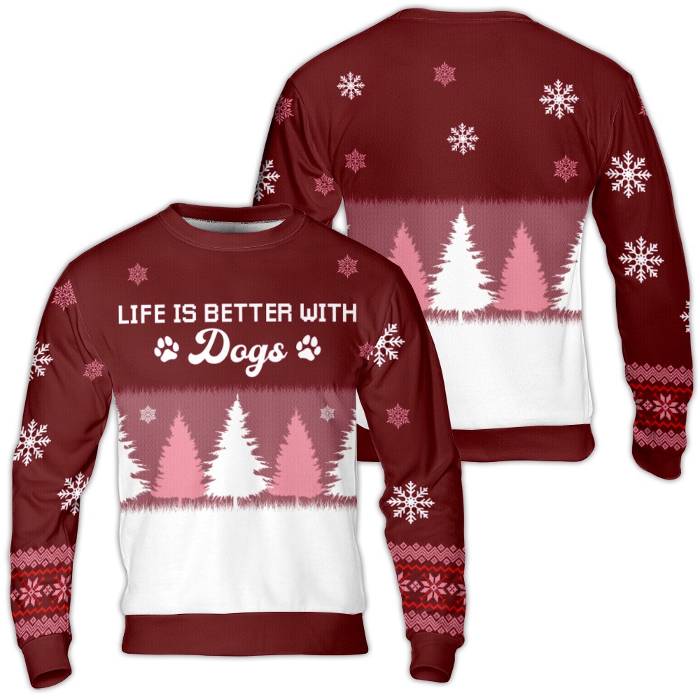 Festive Holiday Paw Print Sweatshirt, Life Is Better with Dogs Ugly Christmas Sweater, Adorable Xmas Tree Dog Lover Pullover,