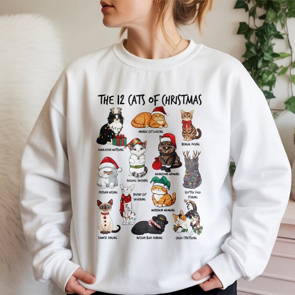 Humorous Holiday Cat Lover Sweatshirt, 12 Cats of Christmas Sweatshirt, Festive Kitten Xmas Crewneck, Adorable Pet Graphic Sw